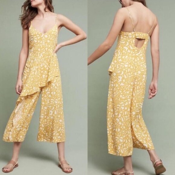 Maeve | Anthropologie Brittany Jumpsuit in Goldenrod Yellow & White | Size 0 - Picture 1 of 9